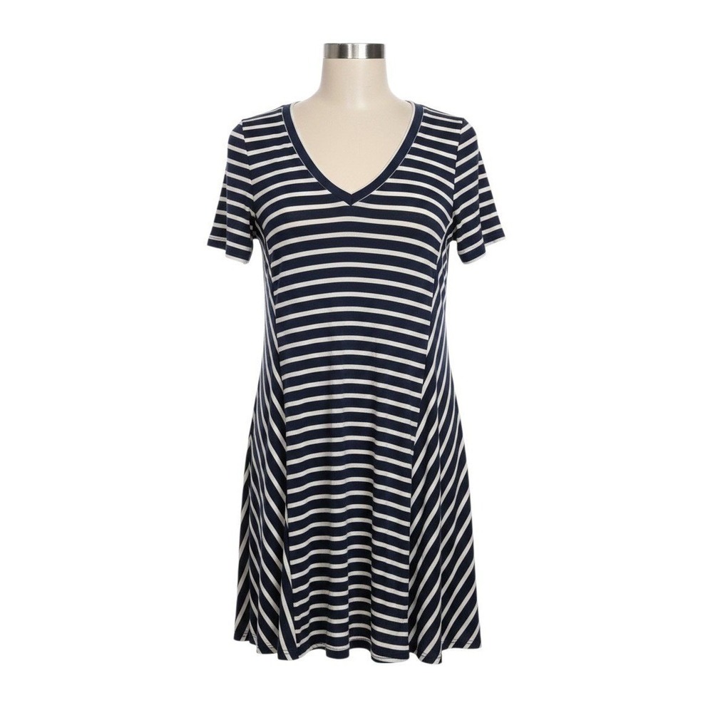 PPLA (People's Project LA) Striped V-Neck Dress Navy White Short Sleeve - Large